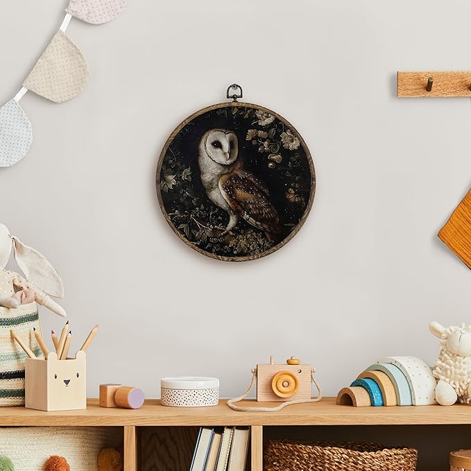 KFXHANGD Gothic Owl Round Wall Art Framed, Dark Cottagecore Owls Canvas Wall Art Decor, Witchy Owls Floral Hanging Decor for Bedroom Bathroom Living Room, Owl Lover Gifts, 10x10inch