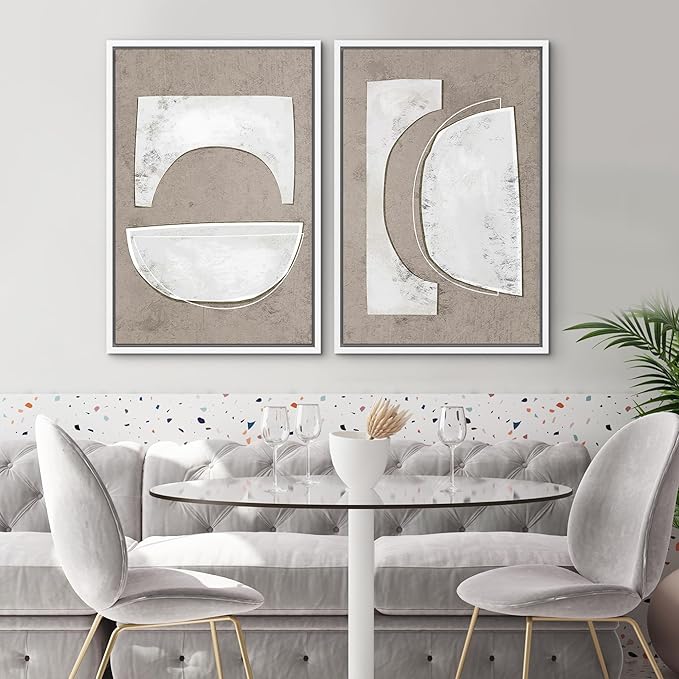 SIGNWIN Framed Canvas Print Wall Art Set Art Deco Grunge White Polygons Abstract Shapes Cozy Neutral Minimal Decorative Nordic Zen Bohemian for Living Room, Bedroom, Office - 24"x36"x2 White