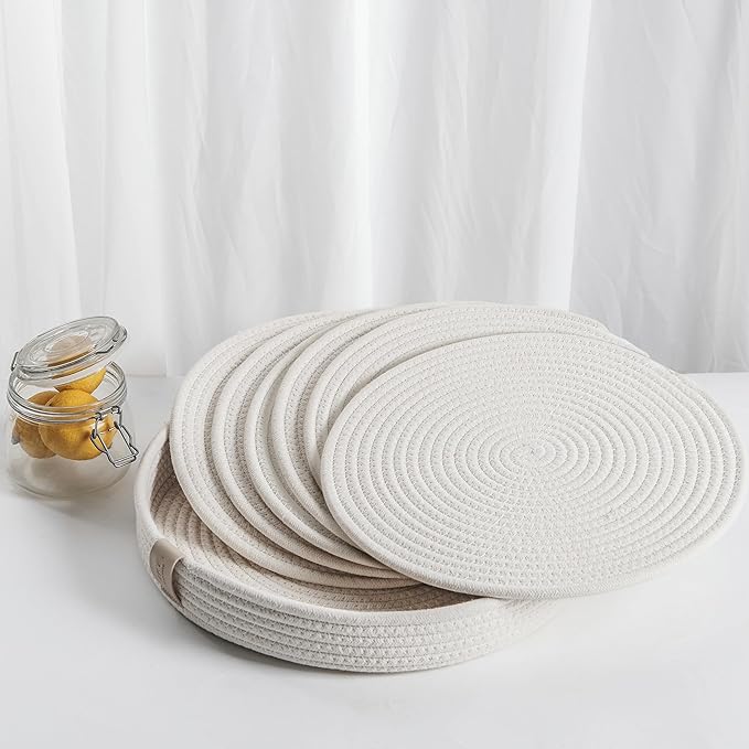 Art PineCone's Woven Cotton Rope Round Placemats Set of 4 with Holder Included, Non-Slip, and Heat Resistant Shabby Chic Placemats (Off White, 13 inches, 6PC)