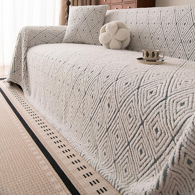ROOMLIFE Striped Boho Blue Couch Cover for 2-3 Cushion Sofa, Fuzzy Plush Warm Sofa Slipcovers Sectional Sofas Covers, Non Slip Washable Furniture Protector Soft with Tassel,Winter 71''X134”