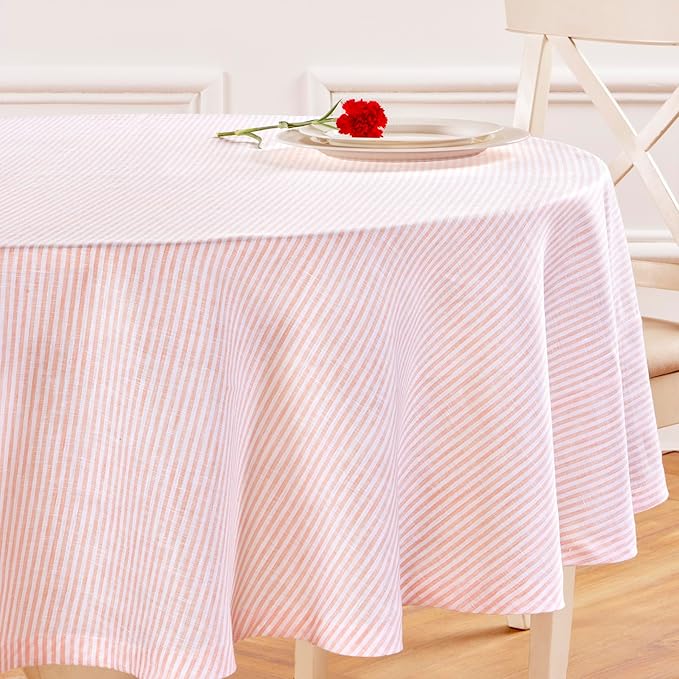 Solino Home Linen 60 Inch Round Tablecloth - Narrow Stripe, 100% Pure Linen Peach and White Round Tablecloth - Machine Washable Table Cloth