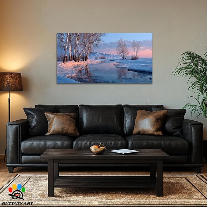 GUTTATY Christmas Winter Birch Canvas Wall Art, Snowy River Landscape Canvas Painting, Tranquil Winter Nature Scene Pictures Prints for Living Room, Bedroom, Holiday Hanging Artwork, 48x24 Inch