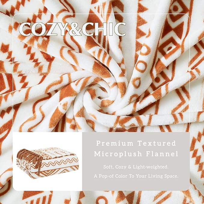 CASAAGUSTO Boho Throw Blanket - Terrcotta Decorative Blankets with Tassel, Printed Flannel Bohemian Blanket for Chair, Bed, Sofa, Couch(50 * 60, Terrcotta)