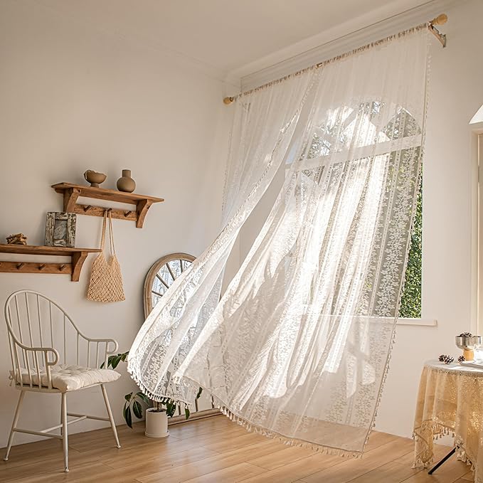 Sutuo Home Boho Curtains 2 Panels 84 Inches Length for Bedroom, Window Treatments Bohemian Sheer Crochet Lace Vintage Drapes Pair, Country White Florals Knitted Handmade Tassels Rod Pocket, 52" x 84"