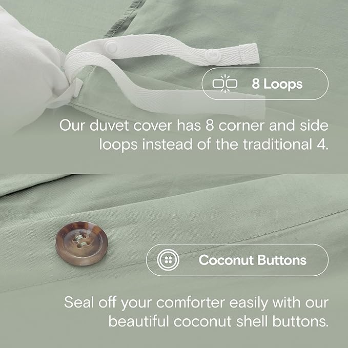 DOZ 100% Long Staple Cotton Duvet Cover Set, Soft Sateen Weave, Smooth, Breathable, Hotel Comfort, 90"x90", 8 Loops, 3pc – 2 Pillowcases 1 Duvet Cover (Sage, Full/Queen)