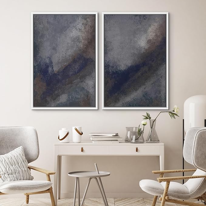SIGNWIN Framed Canvas Print Wall Art Set Midnight Slate Abstract Blue and Gray Brushstroke Zen Bohemian for Living Room, Bedroom, Office - 24"x36"x2 WHITE