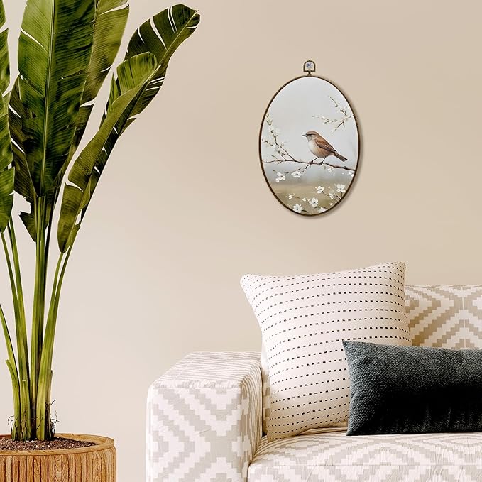 JQF Bird Oval Wall Decor, Farmhouse Rustic Sparrow Floral Oval Canvas Wall Art, Cottagecore Bird on Floral Branch Framed Prints Hanging Decor for Home Bedroom Living Room, 8.5x11.5 Inch
