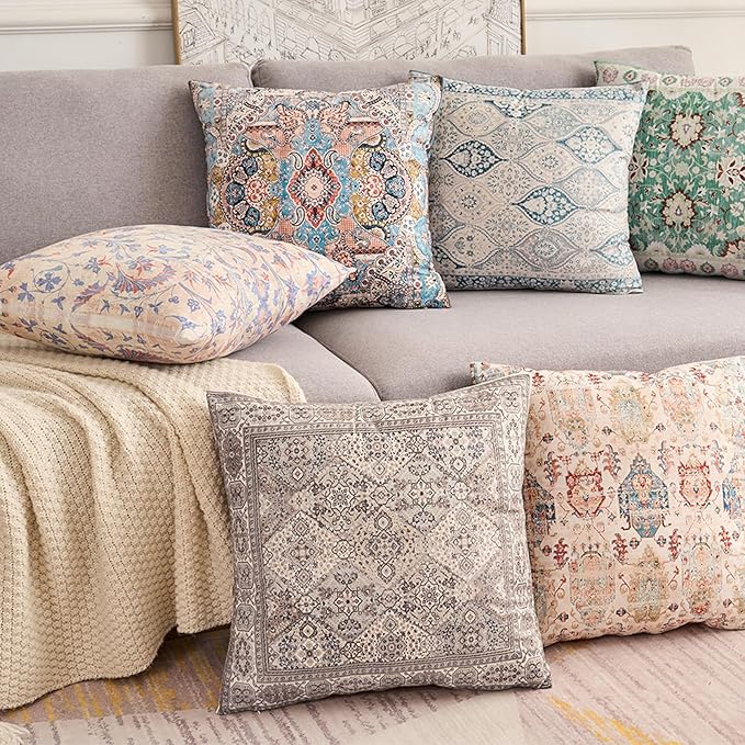 Boho Floral Throw Pillow Covers 24x24 inch Set of 2,Boho Rug Geometric Floral Pattern Decor Double Sided Pattern Cushion Cover Soft Pillow Case Living Sofa Room Bed Square Pillow Cover