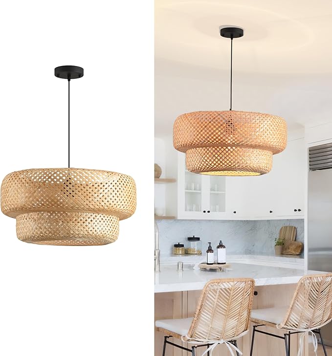 Hand Woven Rattan Pendant Light 14 Inch 2 Layer Round Bamboo Light Fixture Minimalist Boho Pendant Light for Kitchen Island Dining Room Living Room Corridor Foyer Hallway