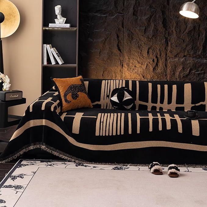 VClife Modern Couch Cover Washable Soft Couch Covers for 3 Cushion Couch Sofa, 1 PC Thick Soft Khaki Black Jacquard Sofa Cover for Sectional Couch (71"x134")