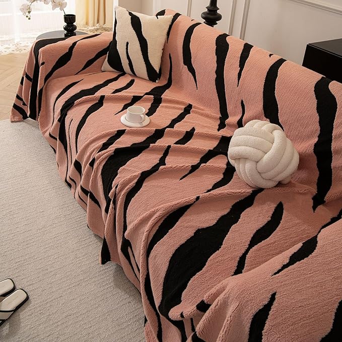 ROOMLIFE Striped Boho Pink Couch Cover for 2-3 Cushion Sofa, Fuzzy Plush Warm Sofa Slipcovers Sectional Sofas Covers, Non Slip Washable Furniture Protector Soft with Tassel,Winter 71''X134”