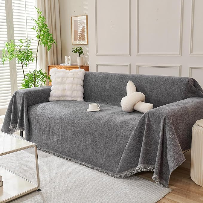 DREAMINGO Sofa Covers Washable Thick Chenille Couch Cover for 3 Cushion Couch Sofa Multi-Use Couch Cover Blanket Modern Pet Furniture Protector Sectional Couch Slipcover 71"x134", Dark Grey