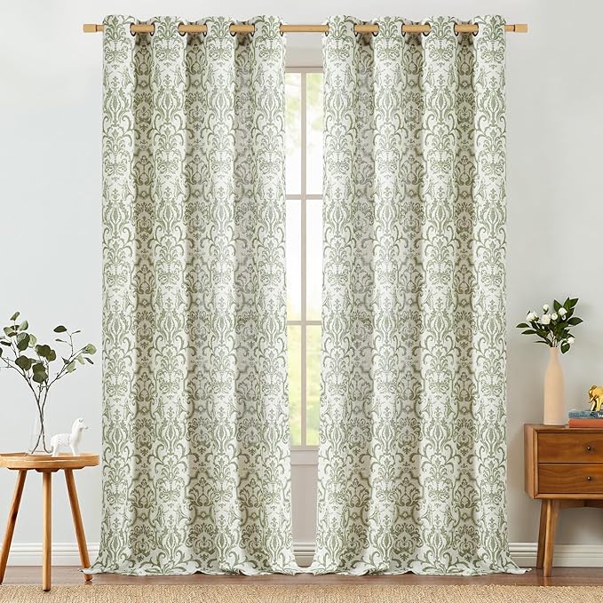 jinchan Linen Sage Green Damask Patterned Curtains 108 Inches Long for Living Room & Bedroom, Light Filtering Vintage Baroque Style Drapes with Grommet Window Treatments (2 Panels Set)