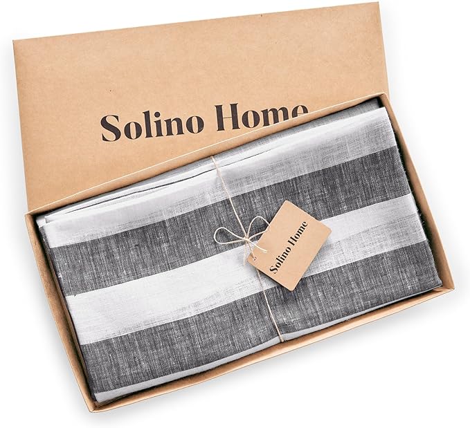 Solino Home Linen Round Tablecloth 70 Inch - Cabana Stripe, 100% Pure Linen Black and White Round Tablecloth - Machine Washable Table Cloth for Fall, Autumn, Thanksgiving