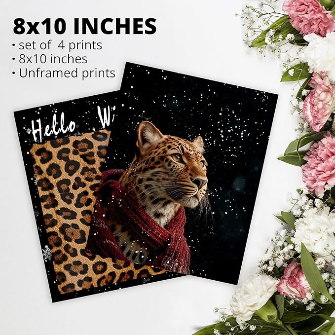 AEHIE Hello Winter blcak Leopard Wall Art Poster Prints for Home Bedroom Living Room Office, Trendy Leopard Poster Print,Winter Funky Lucky Artwork Cheetah Wall Art Unframed 4pcs 8x10inch