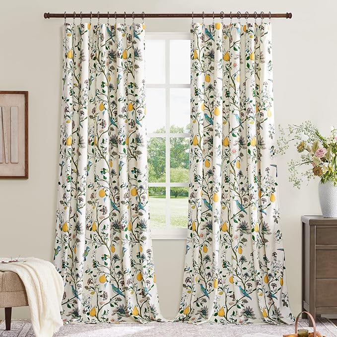 MUSSEL Velvet Whimsical Floral Curtains 72 inches Long,White Luxury Botanical Room Darkening Curtain Drapes,2 Panels Mid Century Hummingbird Art Deco Window Curtains for Living Room Bedroom