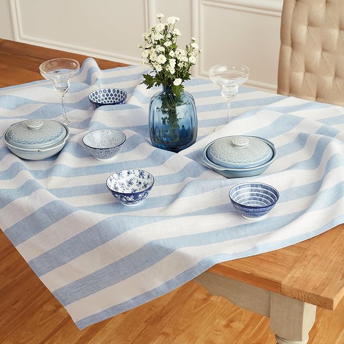 Solino Home Linen Square Tablecloth 52 x 52 Inch - Cabana Stripe, 100% Pure Linen Sky Blue and White Table Throw - Machine Washable Tablecloth for Christmas