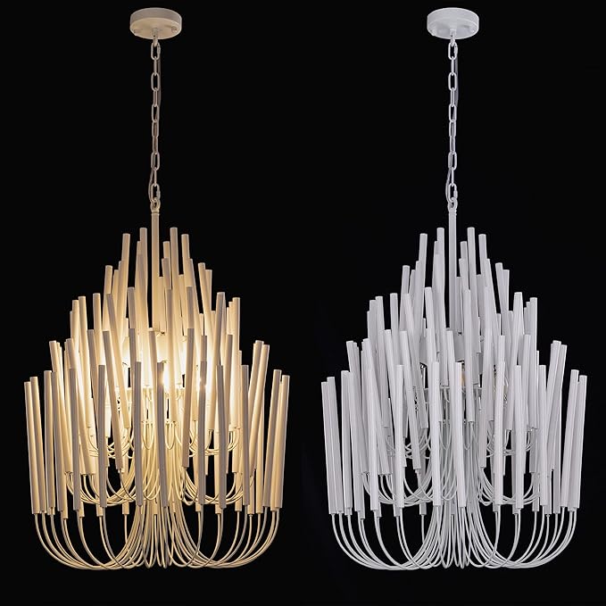 TOCHIC Modern Farmhouse Chandelier for Dining Room 21", Small Vintage White Wood Chandeliers Light for Living Room, Rustic Pendant Lighting Fixture Ceiling Hanging for Foyer Bedroom Entryway