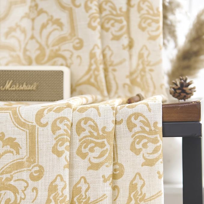 jinchan Curtains for Bedroom, Light Filtering 84 Inch Length 2 Panels Set, Farmhouse Style Linen Blend Drapes Living Room, Vintage Damask Curtains, Grommet Top Mustard Yellow on Flax, W52 X L84