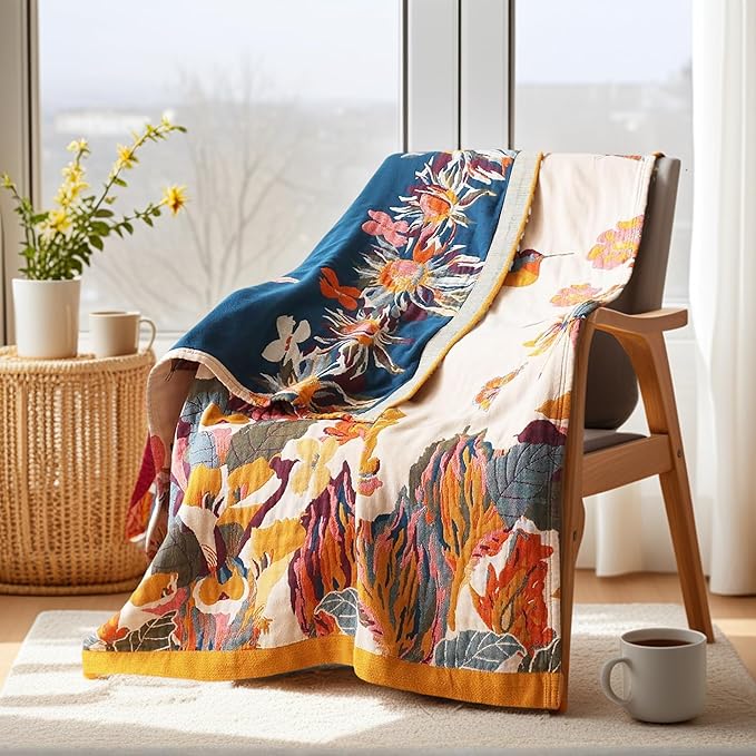 Boho Throw Blanket, 100% Organic Cotton Ultra Soft Bed 50" x 60" Throw - Christmas Blanket Gifts for Woman All Season Rustic Floral Decor Blanket for Sofa Couch Chair -Beige