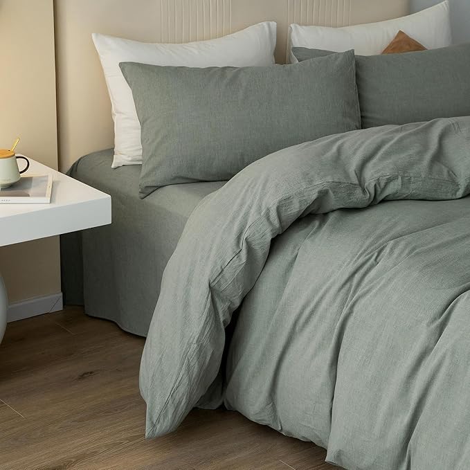 JIYUAN 100% Washed Cotton Duvet Cover Set 3 Pieces Queen, 1 Duvet Cover 90x90 Inches(Comforter Not Included) and 2 Pillowcases,Linen Feel Bedding Set Comfy and Breathable, Heathered Green