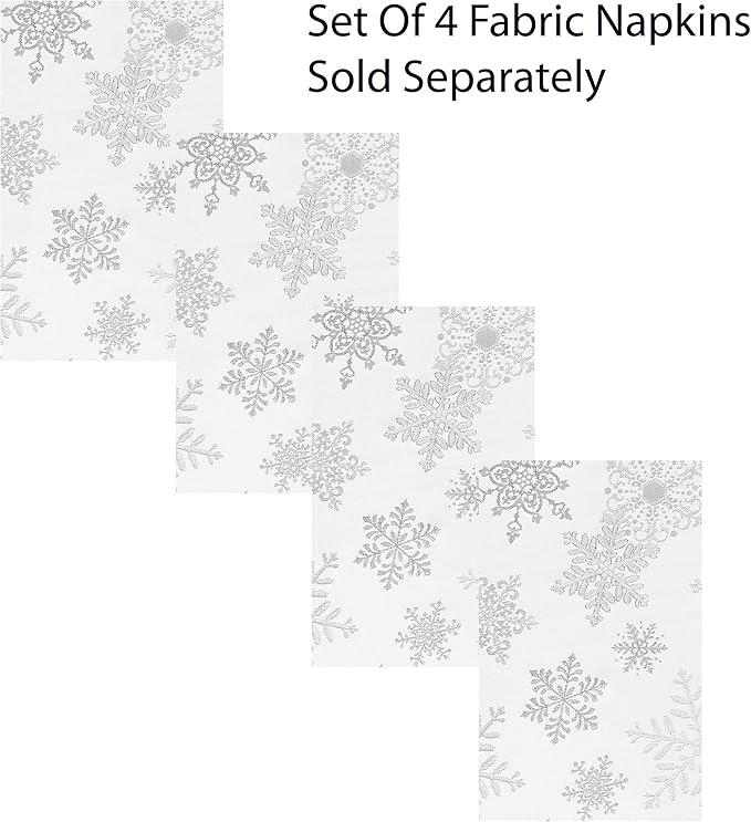 Newbridge Fancy Metallic Snowflake Christmas Fabric Tablecloth, 60 x 102 Inch Rectangle, White Silver, No-Iron Soil Resistant Sparkling Snowflakes Woven Holiday Table Cover