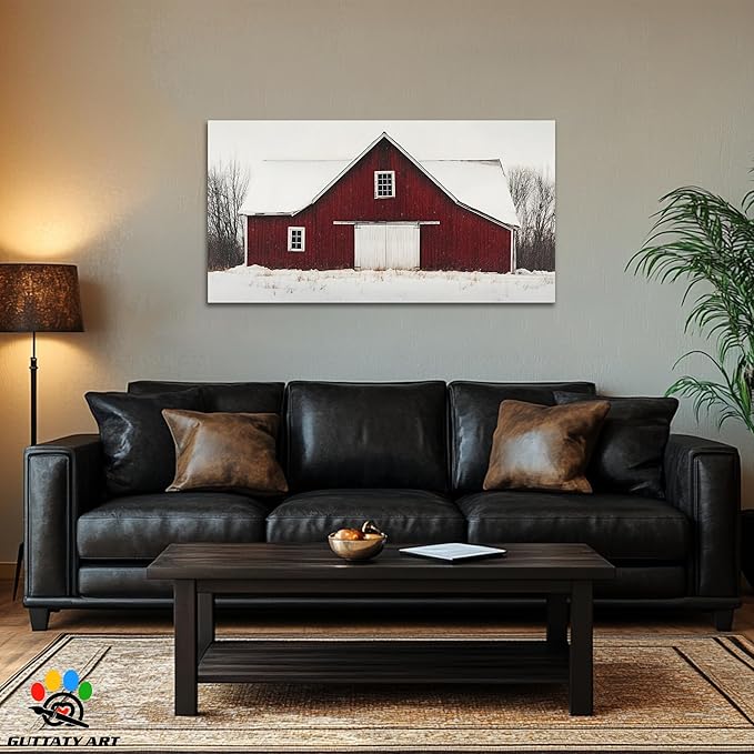 GUTTATY Christmas Winter Scene Canvas Wall Art, Red Barn Snowy Landscape Canvas Painting, Rustic Wall Decor Print for Holiday Living Room, Bedroom, Seasonal Wall Hanging Poster Picture, 24x12 Inch