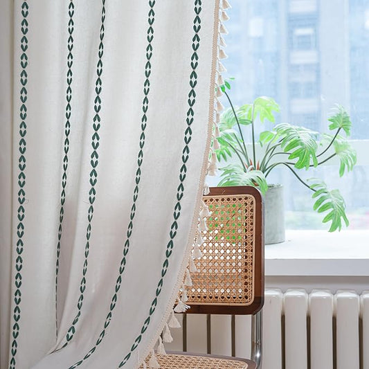 Sutuo Home Boho Curtains for Living Room Bedroom, Semi Blackout Farmhouse Vintage Tassels Window Treatment Bohemian Embroidery Drape, Rod Pocket 1 Panel 52" W x 96" L, White and Emerald Green