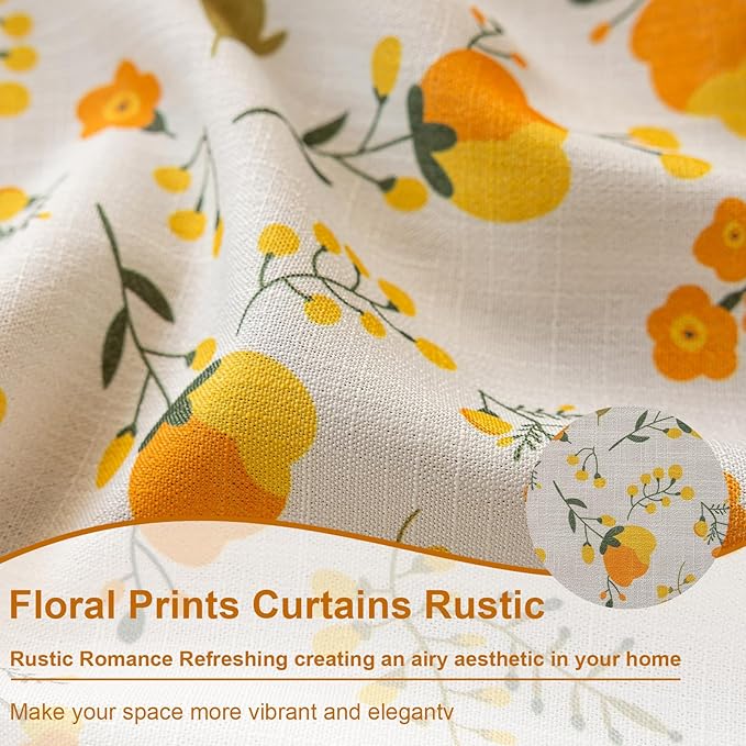 OYX Yellow Boho Pattern Floral Curtains 84 Inch Length 2 Panels for Living Room, Bedroom Light Filtering Drapes, Vintage Country French Tassels Patterned Rod Pocket Aesthetic Decor Window Treatments