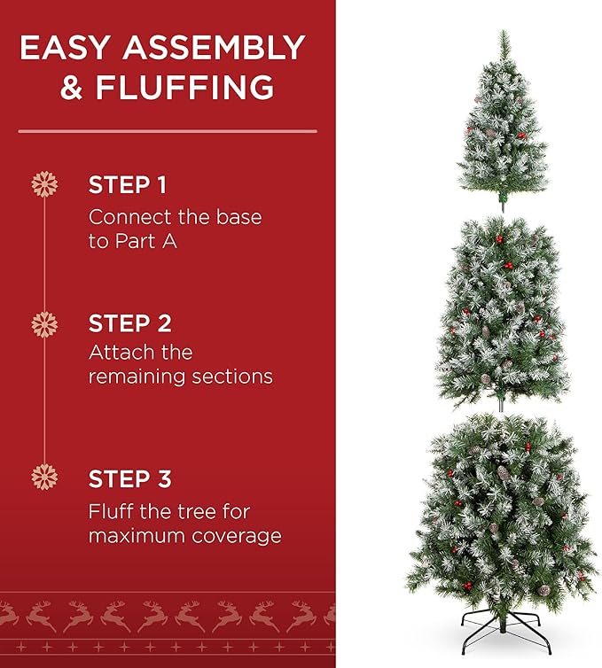 Best Choice Products 12ft Pre-Lit Pencil Christmas Tree, Partially Flocked Pre-Decorated for Home, Skinny Frosted Holiday Tree w/ 1,818 Tips, 700 Lights, Pine Cones, Metal Hinges & Base