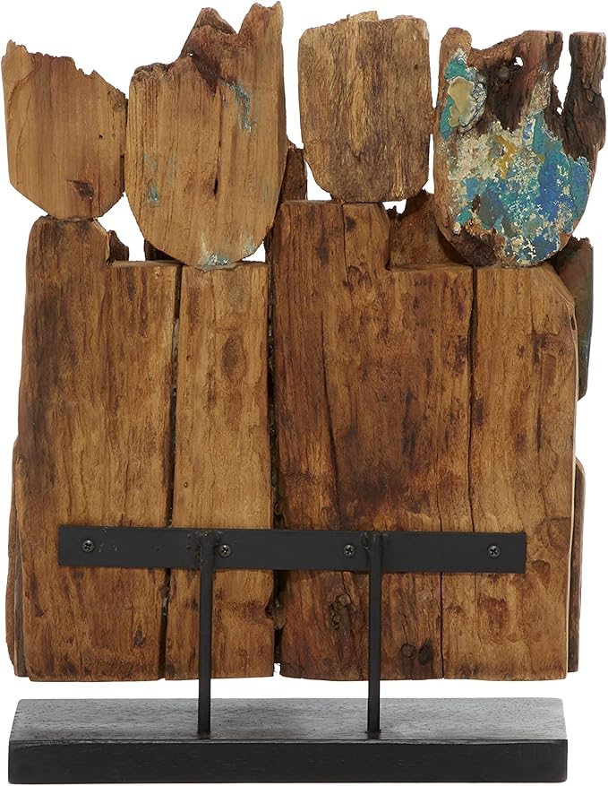 Deco 79 Teak Wood Abstract Handmade Decorative Sculpture Carved Home Decor Statue with Faces, Accent Figurine 13" x 4" x 16", Brown