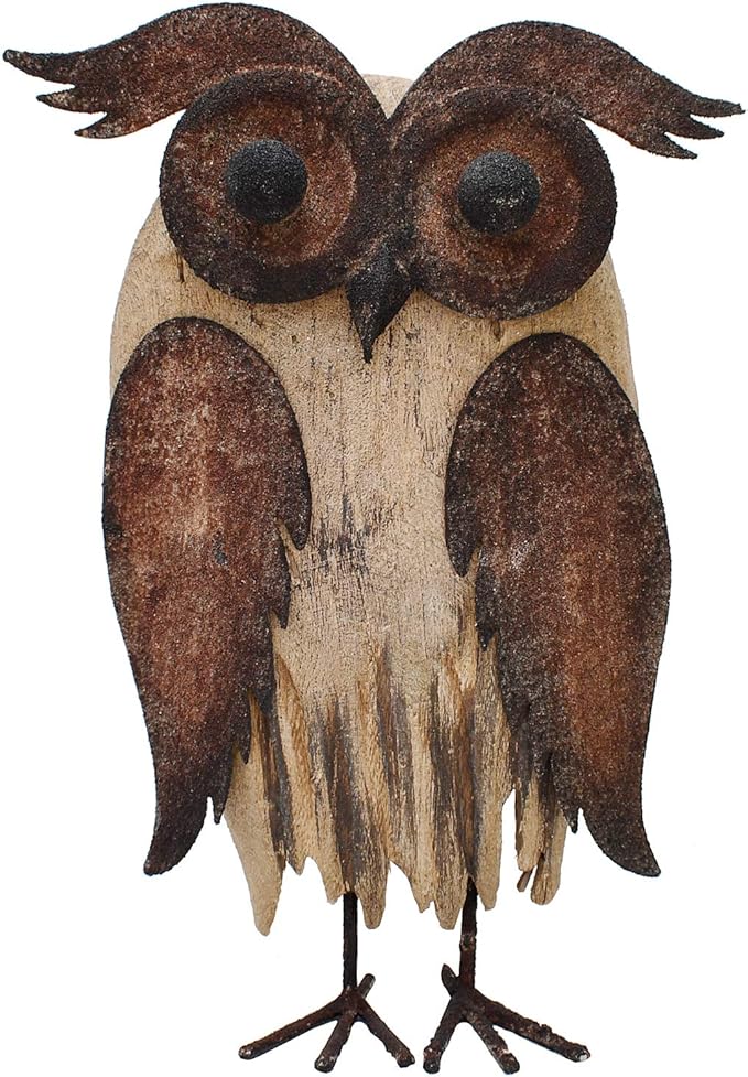 K KILIPES Rustic Owl Decorations for Home Decorative Wood Owl Figurine Statues Night Owl Tabletop Ornaments Collectible Sculptures (8.5" H A)