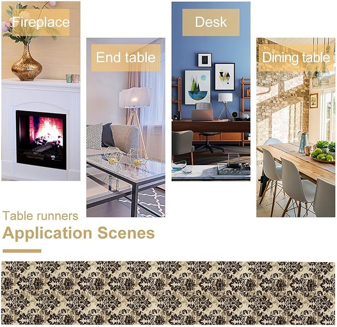 Farmhouse Damask Table Runner Brown Damask Patterned Baroque Table Runner for Kitchen Dining Party Decor 13x90in