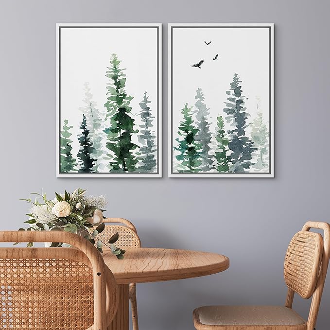 SIGNWIN Framed Wall Art Print Set Watercolor Green & Gray Forest and Birds Nature Wilderness Illustrations Modern Art Rustic Relax/Calm Multicolor for Living Room, Bedroom, Office - 24"x36"x2 White
