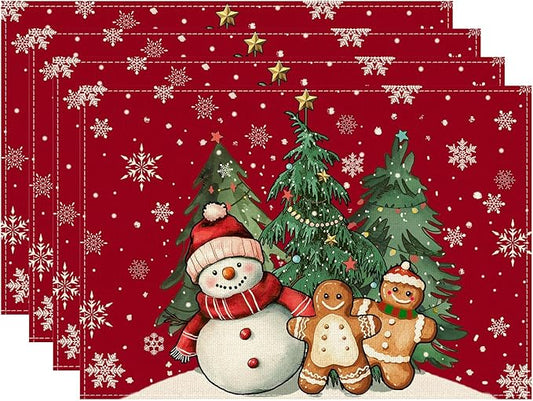 XCHI Winter Red Snowman Gingerbread Man Christmas Tree Xmas Placemats Set of 4 Table Mats for Party Home Kitchen Dining Table Decorations 12x18 Inch