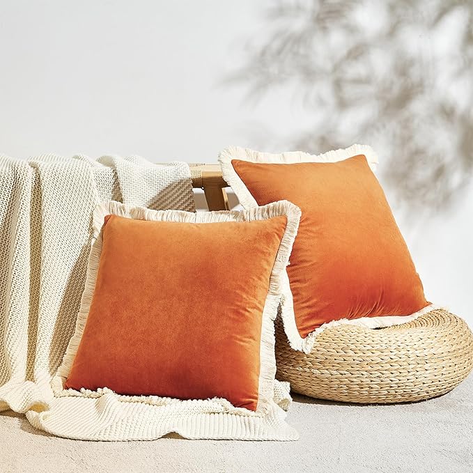 MONDAY MOOSE Decorative Throw Pillow Covers Cushion Cases, Set of 2 Soft Velvet Modern Fringe Tassel Designs, Mix and Match for Home Decor, Pillow Inserts Not Included (Orange, 18x18 inch)