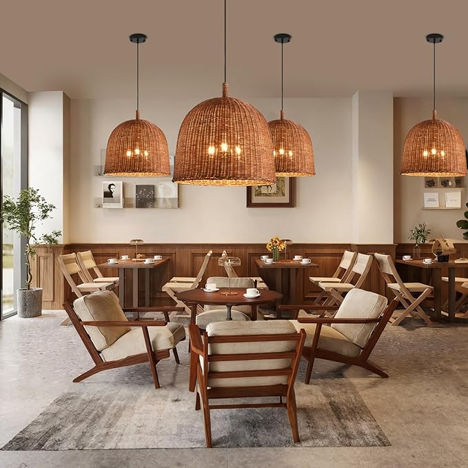 16.9" Rattan Pendant Light Fixtures, 3-Lights Boho Chandelier Hand Woven Pendant Light Farmhouse Hanging Light for Living Room Kitchen Island Dining Room Hallway