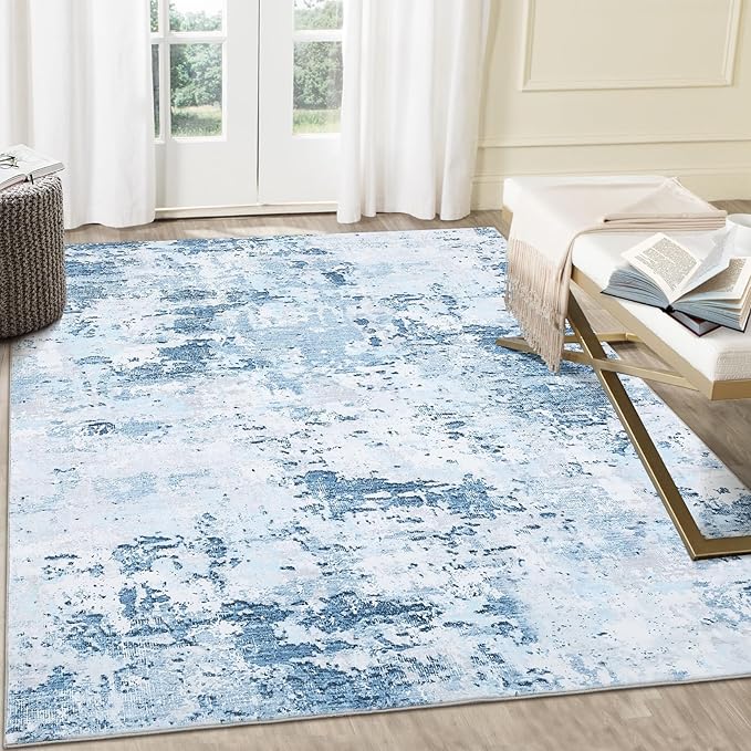 Living Room 8x10 Washable Modern Abstract Rug Faux Wool Ultra Soft Non Slip Non Shedding Accent Rug for Bedroom Dining Room Office Home, Blue