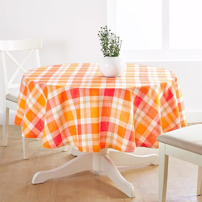 Solino Home Linen Round Tablecloth 60 Inch - 100% Pure Linen Plaid Fall Table Cloth - Autumn, Thanksgiving, Holiday, Fall Buffalo Check Machine Washable Tablecloth