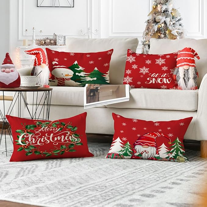 Neatee Living Christmas Pillow Covers 12x20 Set of 4 Red Xmas Vintage Throw Pillows Christmas Tree Gnome Snowman Pillow Cases Outdoor Sofa Couch Cushion Covers for Home Decorations (12 by 20)
