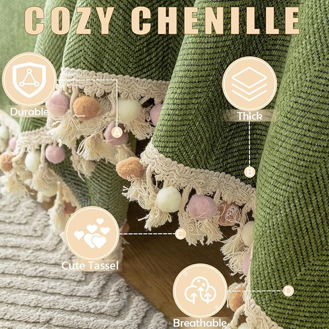 HANDONTIME Christmas Green Sofa Cover Vintage Couch Cover for Dogs 71" X118" Couch Cushion Covers with Tassel Sofa Cover Boho Sofa Covers for 3 Cushion Couch Chenille Soft Loveseat Sofa Covers