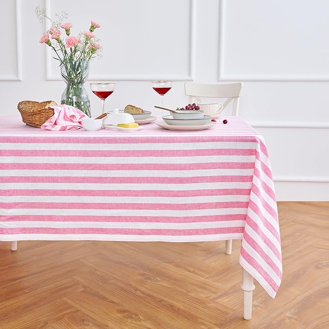 Solino Home Linen Striped Tablecloth 60 x 144 Inch - 100% Pure Linen Chateau Rose and White Table Cloth for Rectangle Tables - Sorrento Stripe, Machine Washable Tablecloth