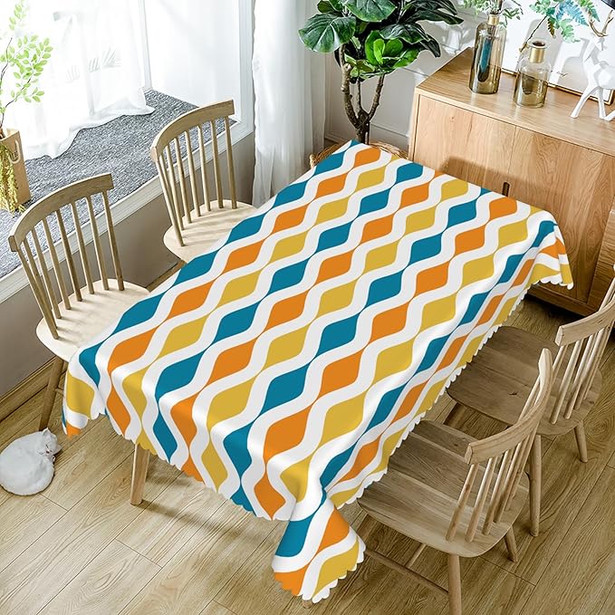 70x108inches Mid Century Tablecloth Orange Yellow Turquoise Geometric Stripes Table Cloth Waterproof Stain Resistant Rectangle Table Cover for Dining Room Home Decor Cafe Indoor Outdoor Use