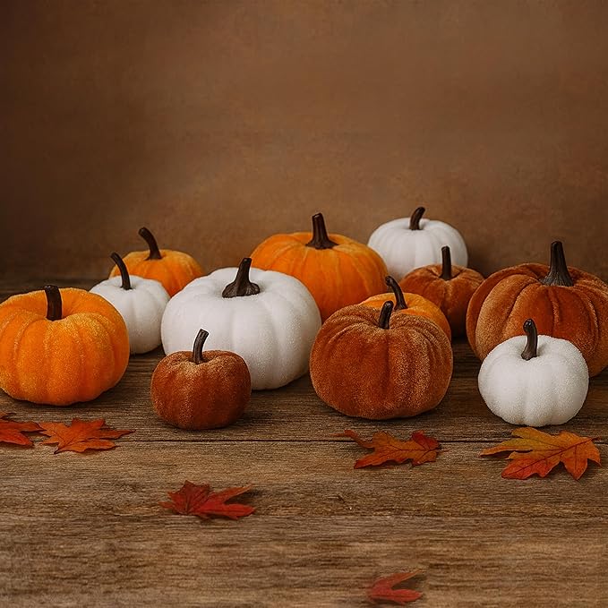 12 Faux Flocked Pumpkins, Perfect for Fall Harvest, Halloween, or Thanksgiving Table Centerpieces(12, Gold, White, and Brick Red)