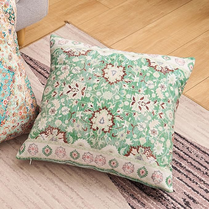 Boho Floral Throw Pillow Covers 18x18 inch Set of 2,Green Boho Rug Geometric Floral Pattern Decor Double Sided Pattern Cushion Cover Soft Pillow Case Living Sofa Room Bed Square Pillow Cover