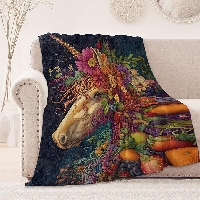 Fantasy Unicorn Floral Fruit Blanket, Cozy Flannel Throw Blanket, Soft Fuzzy Blankets for Travel Home Decor, All Season Lightweight Couch Bed Cover, Gifts for Women Adults Kids 40"×50"