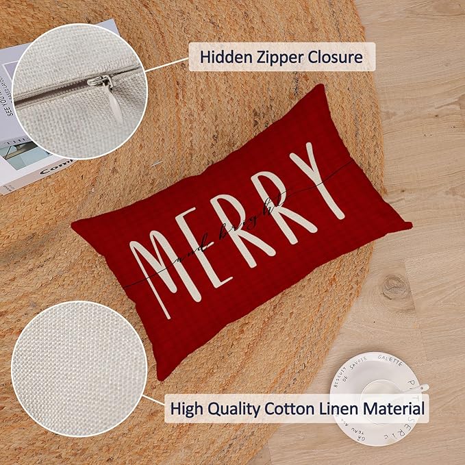 Merry Christmas Pillow Covers 12x20 Set of 4 Red Green Xmas Throw Pillow Covers Winter Holiday Pillow Covers Pillow Cases Home Outdoor Sofa Couch Cushion Covers for New Year(12 by 20)