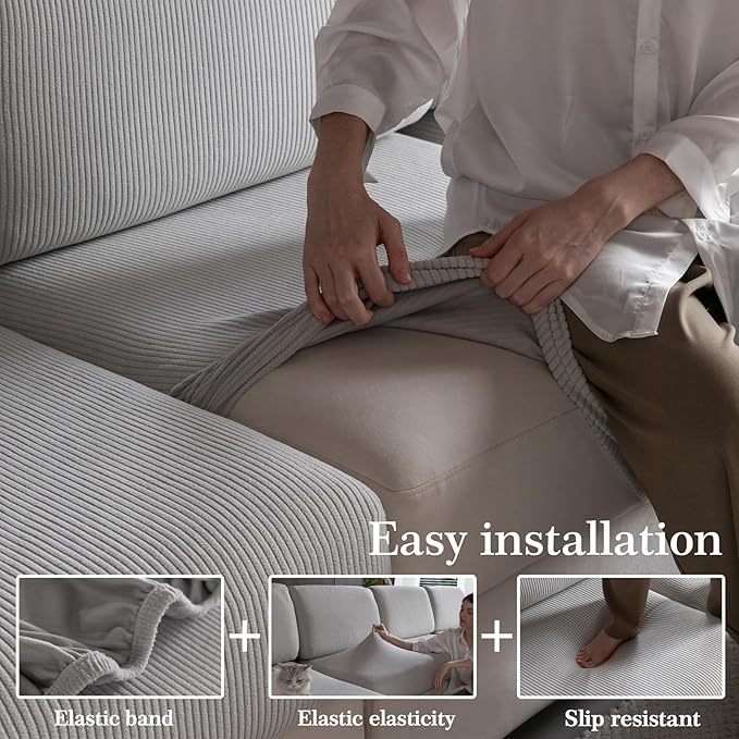 Sectional Couch Covers, Wear Resistant Stretch Sofa Covers Washable Soft Couch Cushion Covers Anti Slip Furniture Protector Sofa Slipcovers for Pets(4 Pieces 3 Seaters+1 Chaise, Light Gray)