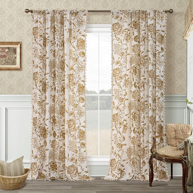 F-CHU Farmhouse Floral Curtains 84 Inch Length for Living Room Bedroom 2 Panels Cotton Linen Curtains Brown Patterned Flower Boho Rustic Window Drapes 55x84