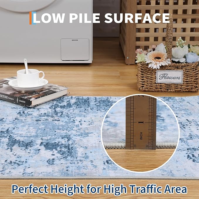 Modern Abstract Runner Rug 2x5 Washable Non Slip Stain Resistant Rug for Bedroom Living Room Non Shedding Low Pile Indoor Floor Cover,Light Blue
